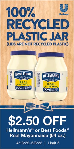 100% recycled plastic jar(lids are not recycled) $2.50 OFF Hellmann's or Best Foods Real Mayonnaise. 4/13/22 - 5/8/22