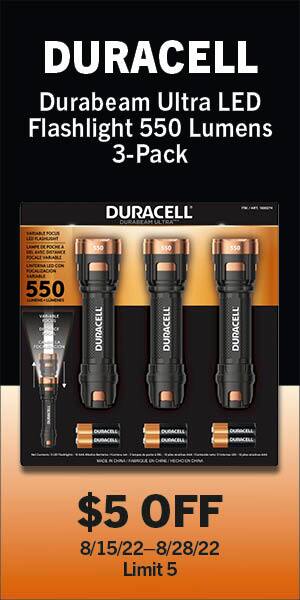 Duracell durabeam ultra LED flashlight 550 lumens 3-pack. $5 off. 8/3/22-8/28/22 Limit 15