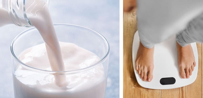 pouring a glass of milk and standing on a scale