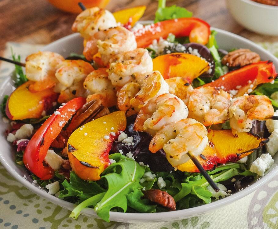 Grilled Shrimp, Peach and Goat Cheese Salad