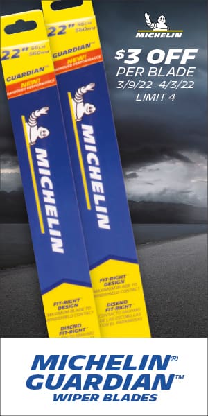 $3 OFF per Blade, 3/9/22 - 4/3/22, Limit 4. Michelin Guardian wiper blades