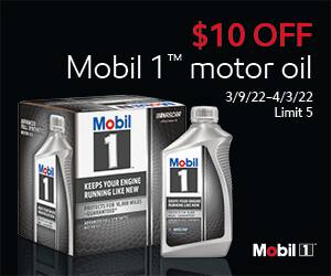 $10 OFF Mobil 1 motor oil, 3/9/22 - 4/3/22, Limit 5