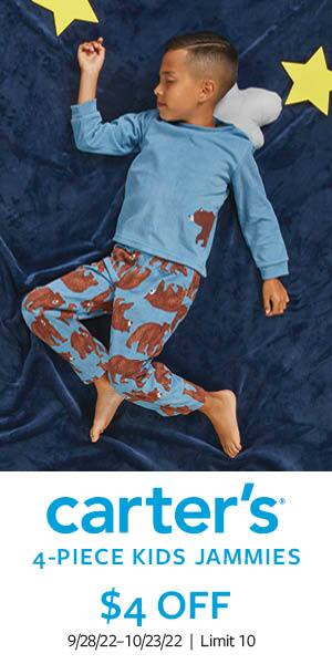 Carter's logo. 4-pice kids jammies. $4 off. 9/28/22-10/23/22 | Limit 10