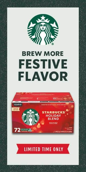 Starbucks logo. Brew more festive flavor. Limited time only
