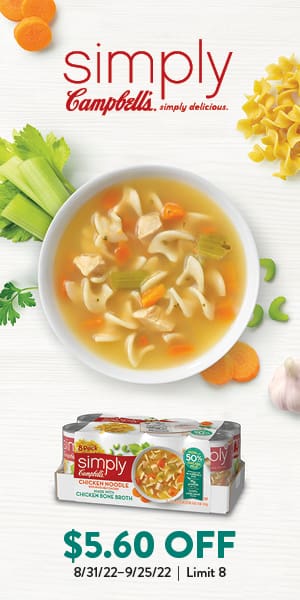 Simply Campbells logo. $5.60 off. 8/31/22-9/25/22 | Limit 8