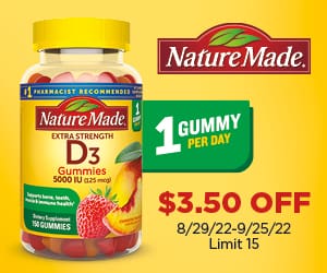 NatureMade logo. 1 gummy per day. $3.50 off. 8/29/22-9/25/22 | Limit 15