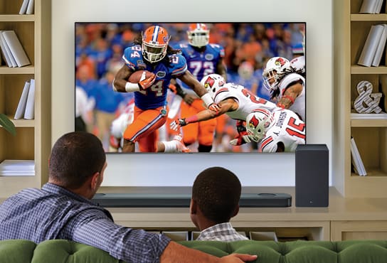 A father and son watch a football game on their new TV.